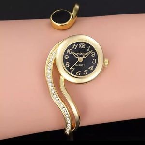🎀New Bangle Style Zircon Stylish Black Gold Watch